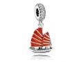 925 Silver Chinese Wealth Ship Red Enamel Dangle Bead Charm