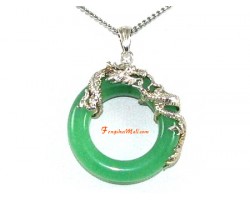 Green Jade Ring Pendant with Silver Dragon or Success