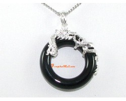 Obsidian Ring Pendant with Silver Dragon for Success