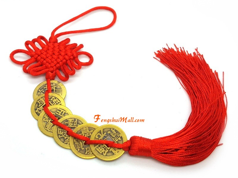 Feng Shui Lucky Red Tassel 6 x Coins Chinese Hanging Charm Health Wealth Temple 