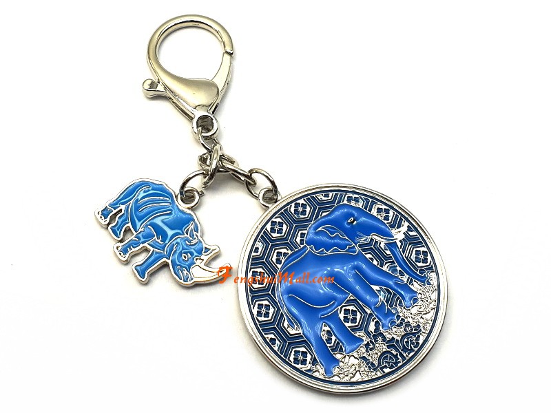 Blue Elephant & Rhino with Taliaman Feathers and Anti-Robbery Amulet W4109 