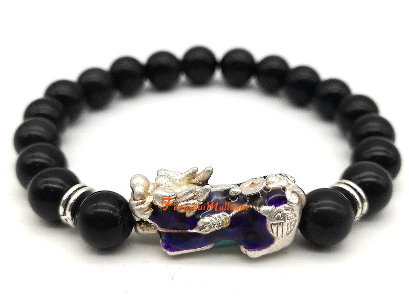 Color Changing Silver Pi Yao with Obsidian Bracelet :: Feng Shui Jewelry