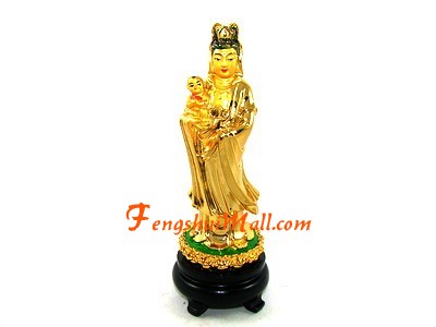 Fengshui Statue with Guanyin Standing on Lotus Holding Baby for Baby Blessings 