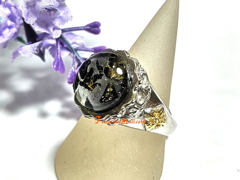 Rotating Peridot and Moldavite Adjustable Silver Ring Crystal