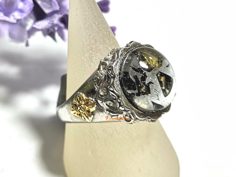 Rotating Peridot and Moldavite Adjustable Silver Ring Crystal